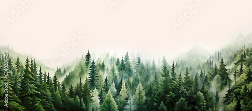 Watercolor painting of green coniferous trees, cloud forest in Alps, mountains, expandable banner, bottom image, background, generative ai