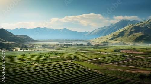 An agricultural valley with irrigated crops view from the sky. Created using Generative AI technology.