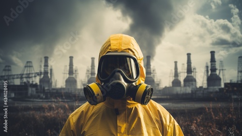 Man in a yellow hazmat suit and gas mask standing in front of a nuclear power plant, Generative AI