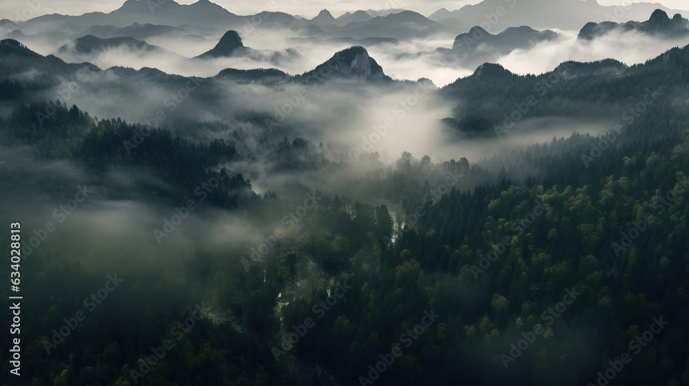 beautiful mountain landscape with forest and fog Generative AI, AI Generated