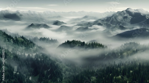 beautiful mountain landscape with forest and fog Generative AI, AI Generated
