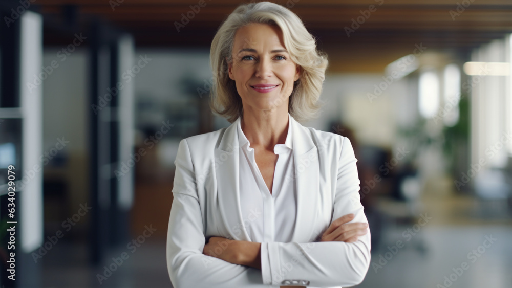 Successful CEO female president wearing a suit and smiling brightly in the company Successful CEO female president wearing a suit and smiling brightly in the company