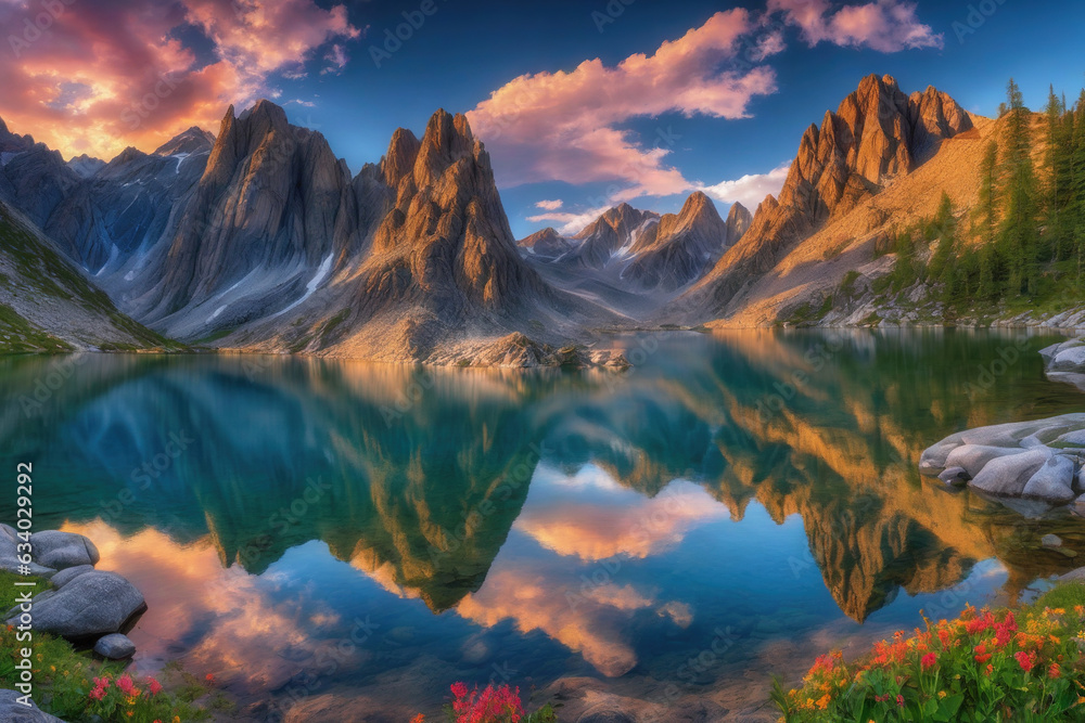 Dreamy Mountain Lake with Pink Sky