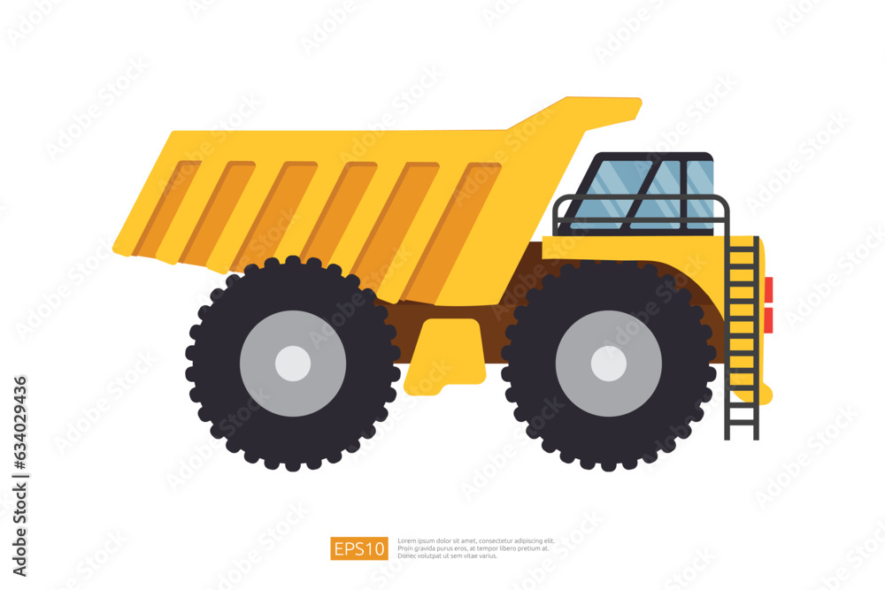 yellow mining dump truck tipper vector illustration on white background. Isolated big heavy machinery equipment vehicle. flat cartoon construction and mining car icon yellow mining dump truck tipper vector illustration on white background. Isolated big heavy machinery equipment vehicle. flat cartoon construction and mining car icon
