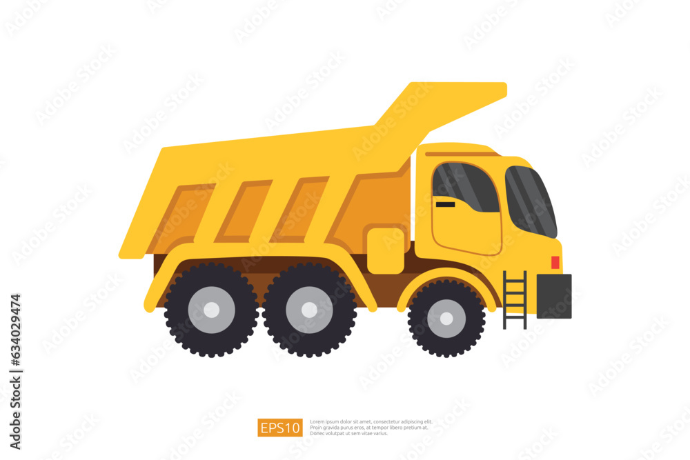 yellow dump truck tipper vector illustration on white background. Isolated heavy industrial machinery equipment vehicle. flat cartoon construction and mining car icon