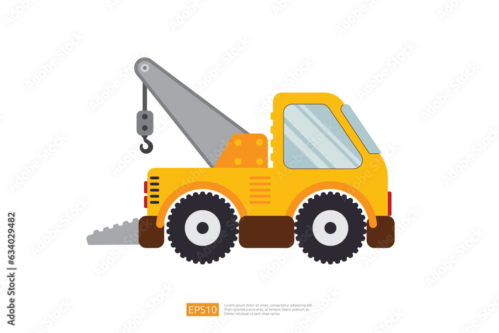 yellow wrecker truck vector illustration on white background. Isolated tow car vehicle. flat cartoon recovery Truck 24 hour Tow Service icon