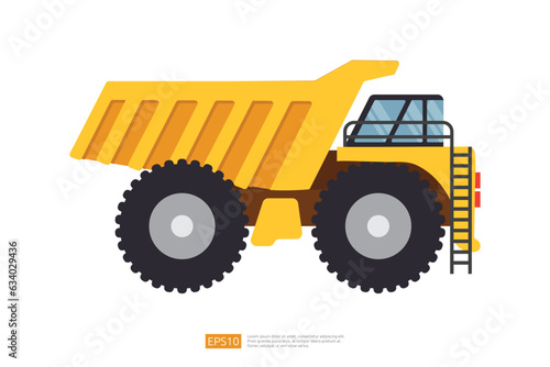 yellow mining dump truck tipper vector illustration on white background. Isolated big heavy machinery equipment vehicle. flat cartoon construction and mining car icon