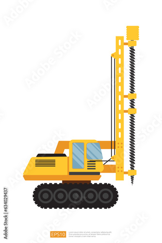 side view yellow Track Drilling Machine vector illustration on white background. Isolated big heavy machinery equipment vehicle. Drilling Tractor flat cartoon construction and mining Industry car icon