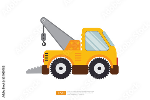 yellow wrecker truck vector illustration on white background. Isolated tow car vehicle. flat cartoon recovery Truck 24 hour Tow Service icon