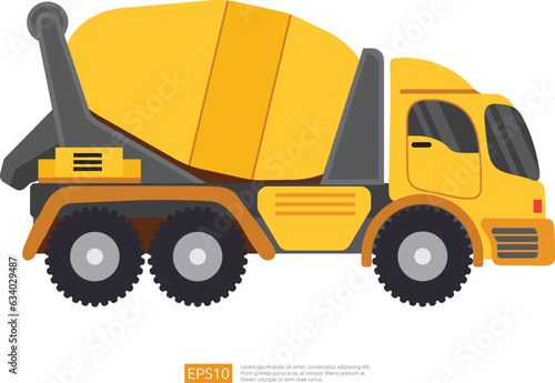 Yellow concrete truck vehicle icon. Mixer cement truck side view flat design. Isolated heavy industry equipment machine. Construction machinery pouring of cement. Vector illustration white background