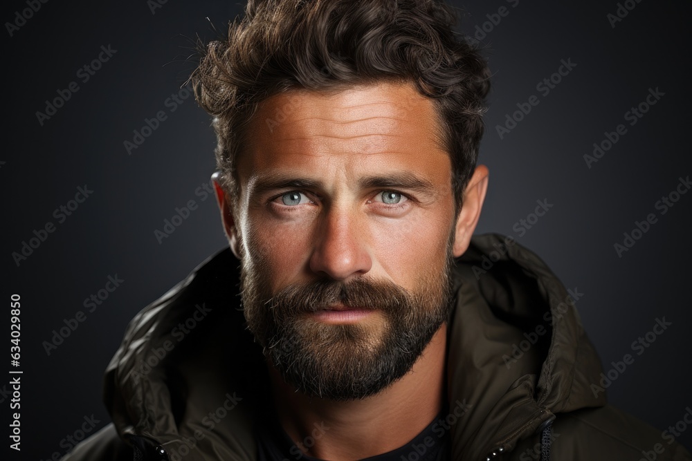 Mid adult man with beard smiling, portrait on dark background Mid adult man with beard smiling, portrait on dark background