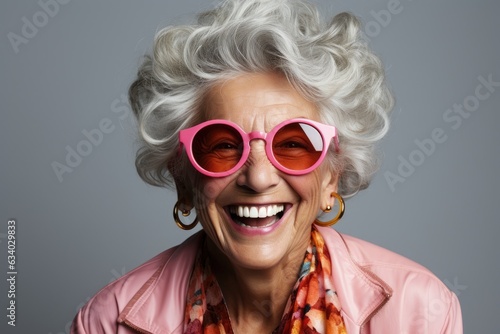 Portrait of happy senior woman in pink glasses. Laughing old woman with hairstyle in stylish outfit.