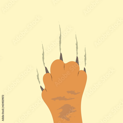 Claws of spotted brown cat scratching green wallpaper. Paw of cat . Pet