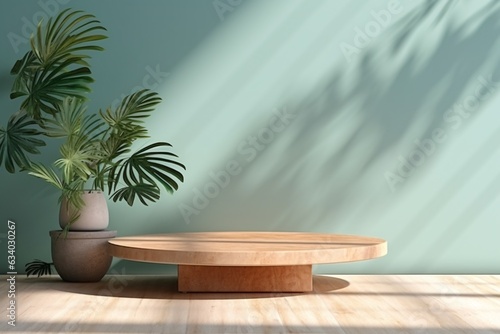 AI Generated Photo Minimal wood stage for show product on cement floor and sunlight plant shadow on mint background 3d render