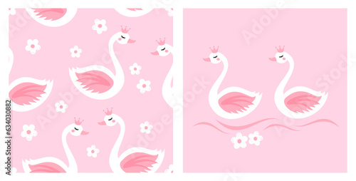 Seamless pattern with cute swan cartoons and white flower on pink background vector illustration.