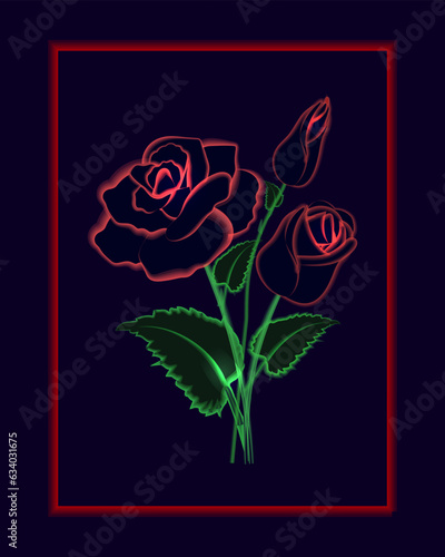 Bouquet of red roses in a frame, neon colors on dark background. Vector illustration.