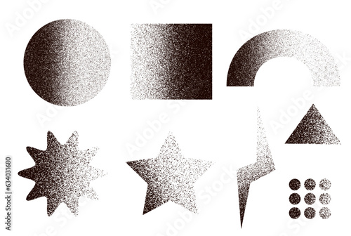Grainy geometric shape. Noize circle, triangle . Grunge texture black lightning