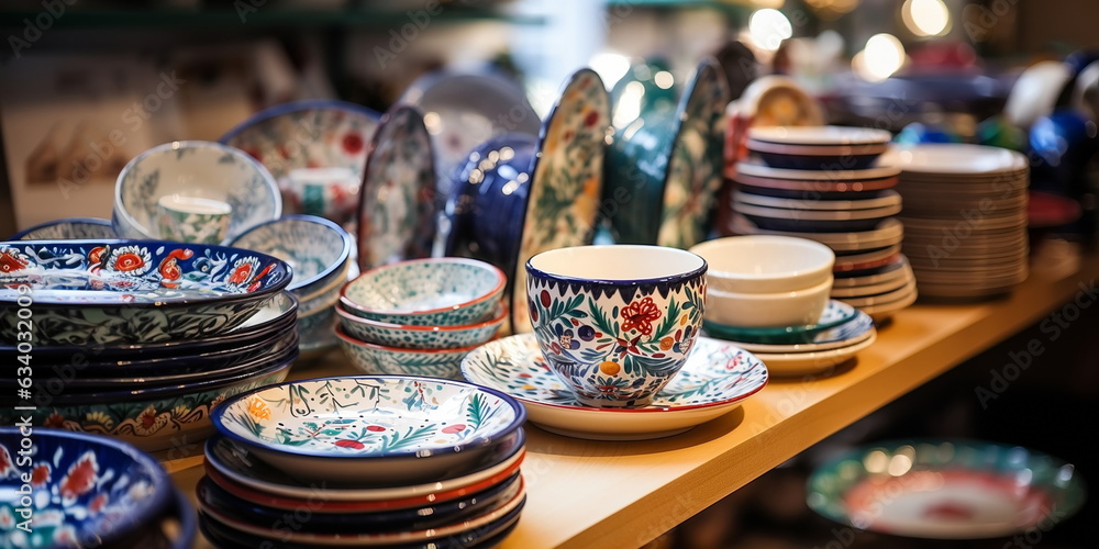 colored ceramic hand factory tableware on the counter in the store - obrazy, fototapety, plakaty 