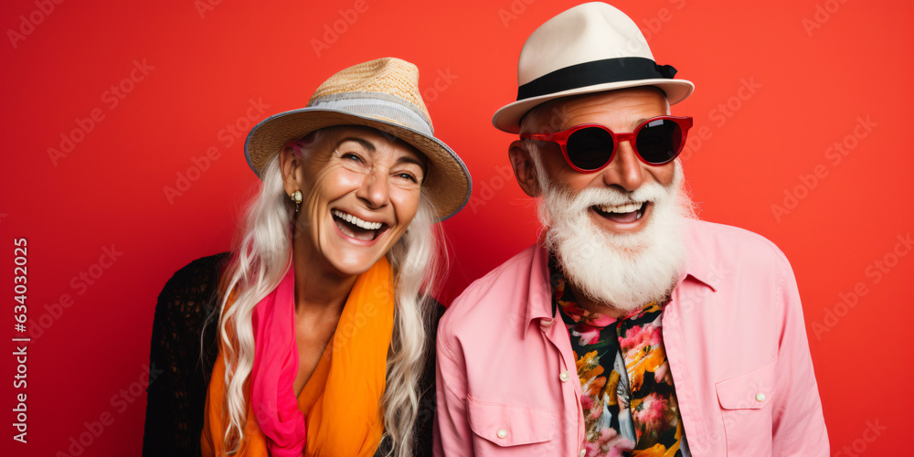 portrait of an cool and happy senior couple with hat, crazy lifestyle concept with crazy humor on a colored wall portrait of an cool and happy senior couple with hat, crazy lifestyle concept with crazy humor on a colored wall