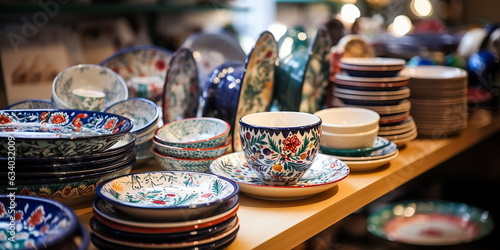 Photo colored ceramic hand factory tableware on the counter in the store