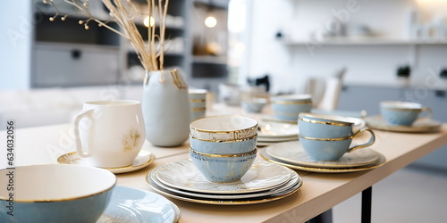  porcelain ceramic  pastel  colors with gold white cream blue hand-made colored ceramic tableware on the counter in the store