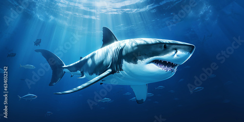 white shark swimming in the deep blue ocean