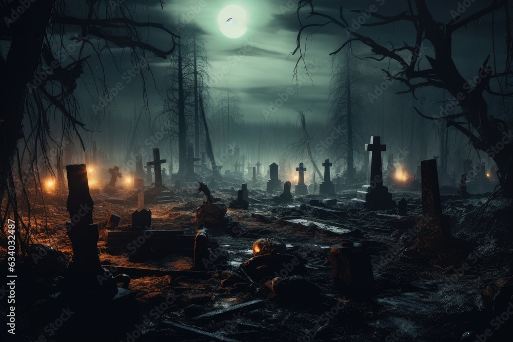 A haunting cemetery illuminated by the light of a full moon