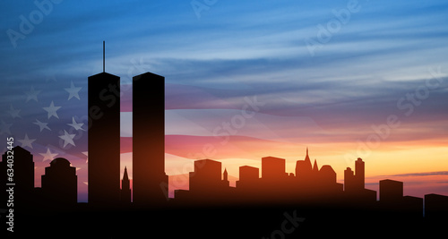 New York skyline silhouette and USA flag at sunset. 09.11.2001 American Patriot Day banner.