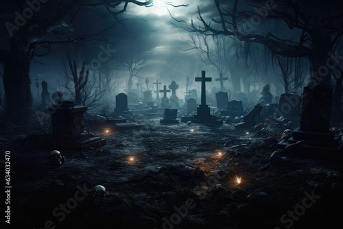 A moonlit cemetery at night