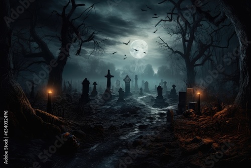 A moonlit cemetery with eerie tombstones