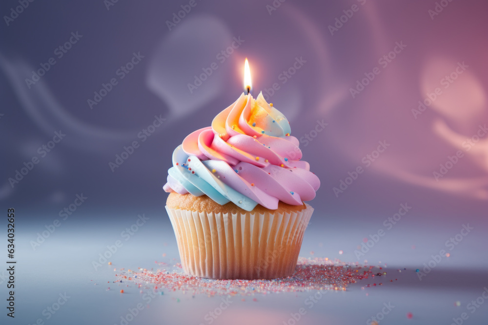 Birthday cupcake with candles on pastel colored background Birthday cupcake with candles on pastel colored background