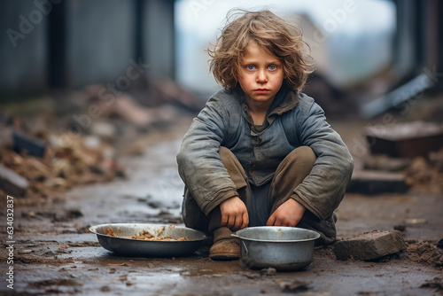Poor homeless kid begging for help and food.  photo