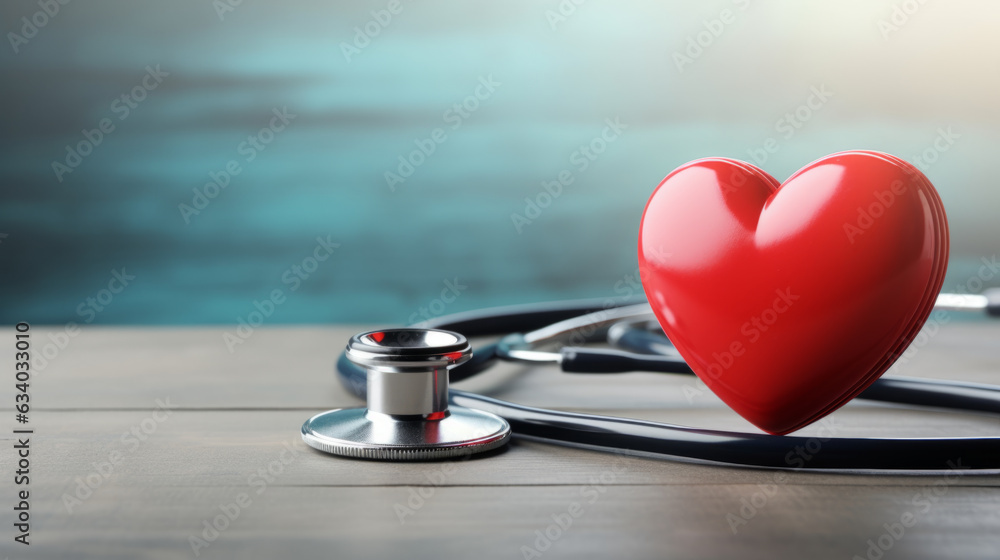 Stethoscope and red heart on table. Cardiology concept Stethoscope and red heart on table. Cardiology concept