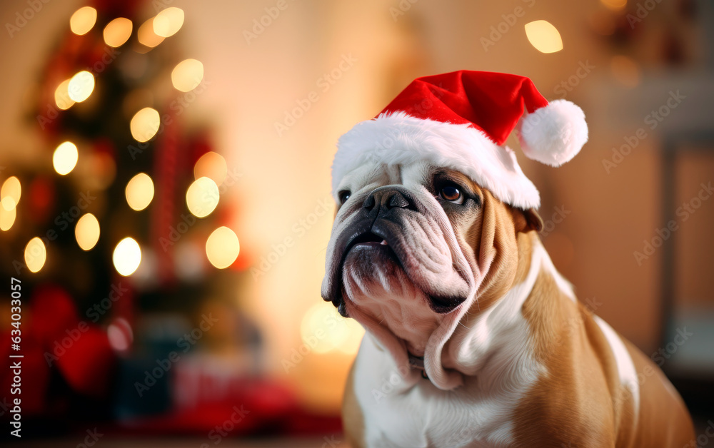 Cute dog in Santa Claus hat against blurred Christmas lights with copy space.