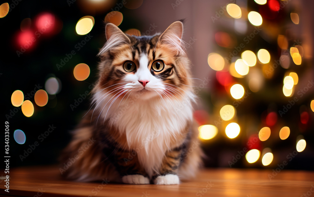 Cute cat against blurred Christmas lights and copy space.