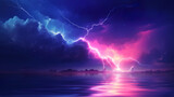 Landscape of sunset on the sea. Storm, rain and lightning. Generated AI