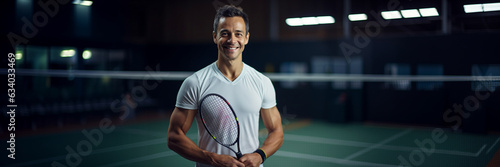 Badminton young man player portrait in indoor sport center