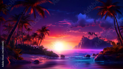 Summer seascape, sunset at sea, neon glow, AI generated © Laura Сrazy