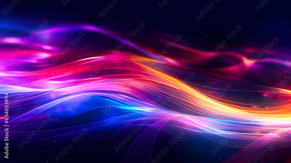 Futuristic abstract background, colorful neon lines, waves, neon glow on a dark background, AI generated..sea, palm trees, neon