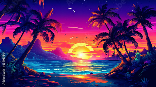Summer seascape  sunset at sea  neon glow  AI generated