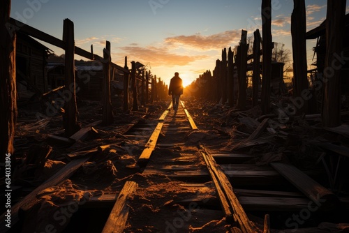 Pathway to the Unknown: Wooden Sleepers and Iron Rails Stretching to the Boundless Horizon, Traveler's Silhouette Weaving a Tale Generative AI