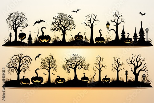 Silhouette pumpkins with burning candles in graveyard In spooky night  illustration for Halloween backdrop.