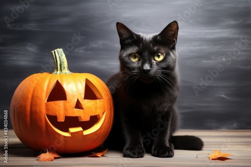 A black cat sitting next to a carved pumpkin © pham