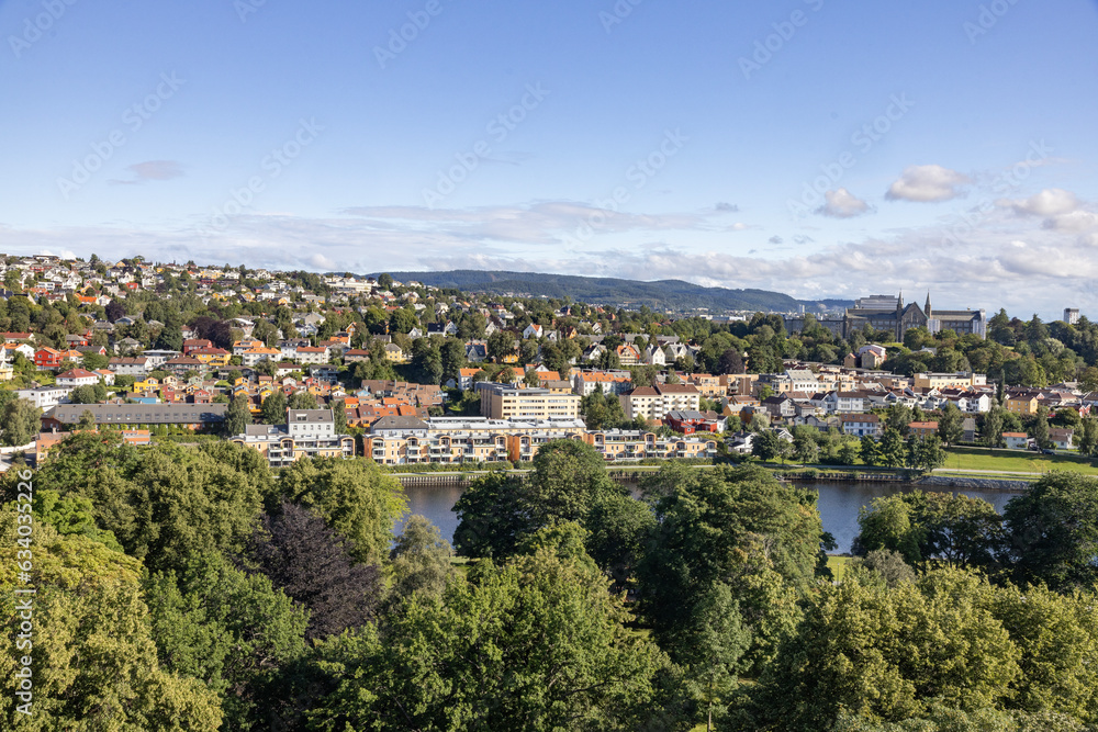 View of Trondheim city from the tower in Nidaros cathedral, Trøndelag county, Norway,