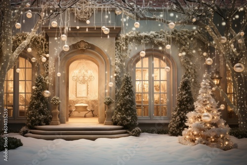 the enchanting beauty of a snow-covered garden adorned with glimmering holiday decorations, such as sparkling snowflake ornaments, and fairy lights wrapped around trees