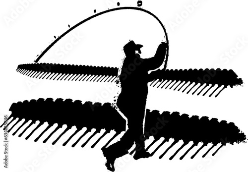 black and white illustration of a fisherman with a rod casting