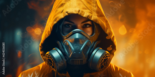 cyberpunk girl in leather hoodie with gas mask