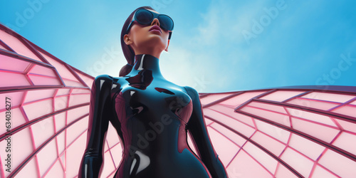 crazy fashion woman in black latex suit in front of minimalistic architecture