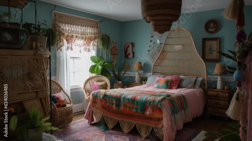 Bedroom decor, home interior design . Bohemian Eclectic style with Gallery Wall decorated with Rattan and Textiles material . Generative AI AIG26. photo