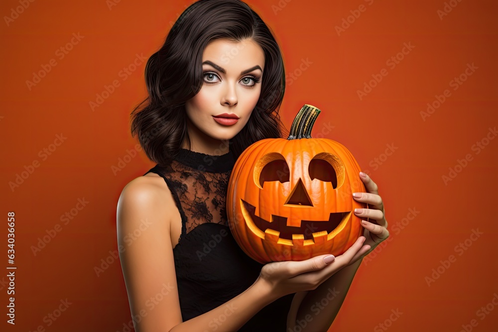 A woman holding a carved pumpkin in front of her face